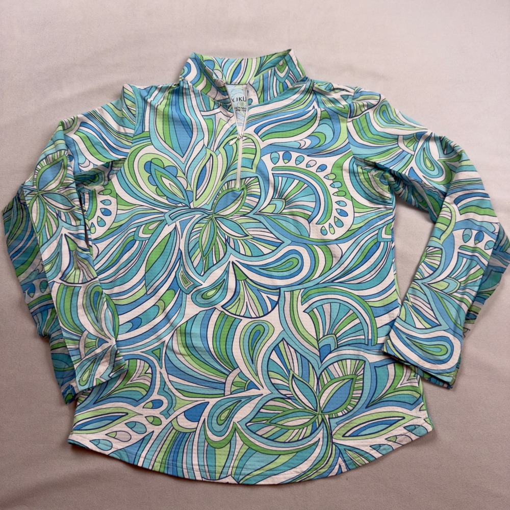 Icikuls Womens Sun Shirt‎ Blue Green Geometric Print Quarter Zip Pullover Medium